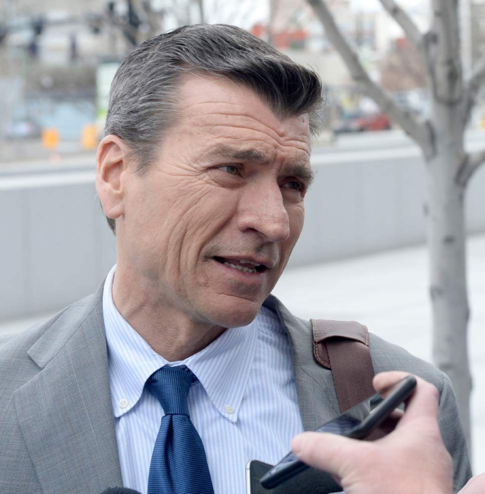 Al Hartmann  |  The Salt Lake Tribune 
Greg Skordas, legal advisor for Jeremy Johnson comments to media as he leaves Federal Court in Salt Lake City Friday March 25 .   Johnson was found guilty for making false statements to a bank.