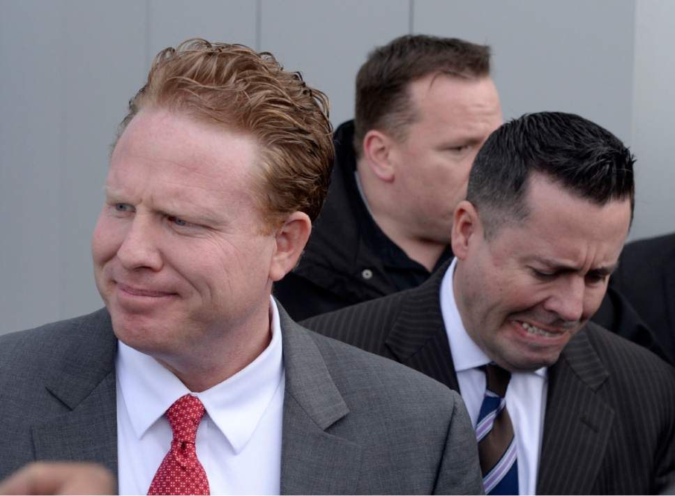 Al Hartmann  |  The Salt Lake Tribune 
Jeremy Johnson comments to media as he leaves Federal Court in Salt Lake City March 25 Friday after being found guilty of making false statements to a bank.