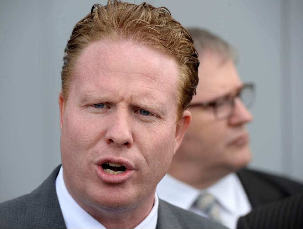 Al Hartmann  |  Tribune file photo
Jeremy Johnson comments to media as he leaves Federal Court in Salt Lake City, March 25, 2016, after being found guilty of making false statements to a bank.