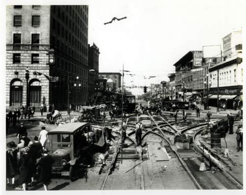 Tribune file photo
Trolley line workers on Main Street in this photo from 1928.