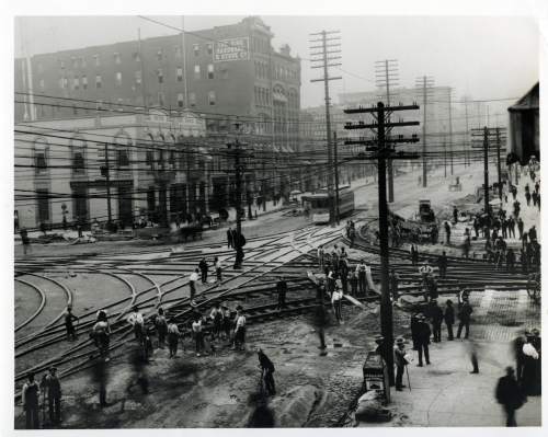 Tribune file photo

Trolley lines are put in along Main Street in this undated photo.
