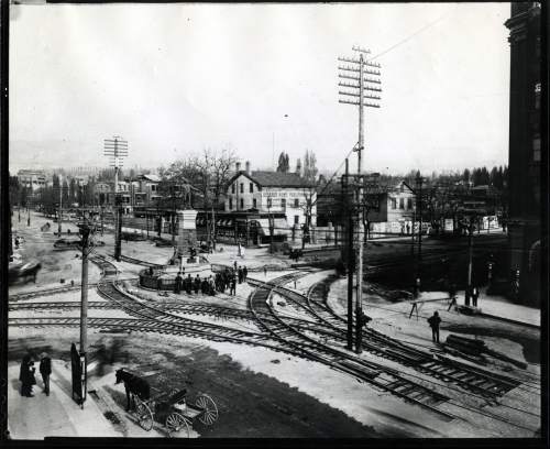 Tribune file photo

Trolley lines are put in around the Brigham Young statue on Main Street in this undated photo.