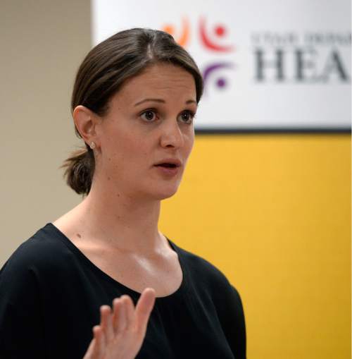 Al Hartmann  |  The Salt Lake Tribune 
Dr. Angela Dunn, CDC epidemiologist stationed at the Utah Department of Health speaks at a news conference Monday April 4 about dozens of hepatitis C cases found in patients at two Ogden Hospitals.