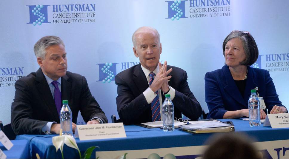 Al Hartmann  |  The Salt Lake Tribune
Former Utah Governor Jon M. Huntsman and Chair of the Hunstsman Cancer Foundation, left, joins Vice President Joe Biden, Mary Beckerle, PhD, Huntsman Cancer Institute in a roundtable discussion after touring the Huntsman Cancer Center in Salt Lake City Friday, February 26.