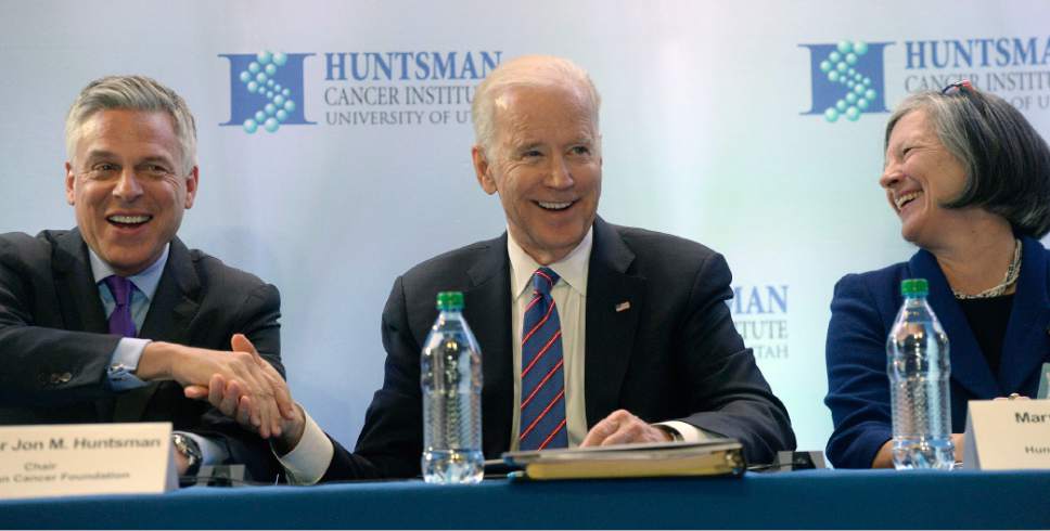 Al Hartmann  |  The Salt Lake Tribune
Vice President Joe Biden, center, speaks at a roundtable discussion with former Utah Governor Jon M. Huntsman, Chair of the Hunstsman Cancer Foundation, left, and Huntsman Cancer Institute Director and CEO Mary Beckerle, right, after touring the Huntsman Cancer Institute in Salt Lake City Friday, February 26.