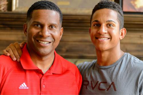 Trent Nelson  |  The Salt Lake Tribune
Lone Peak guard Frank Jackson is the best high school basketball player in the state and one of the top-20 recruits in the nation (ranked 14th overall by ESPN). As the summer before his senior season winds down, Jackson is weighing his many options and will soon pick from a list of schools that includes Duke, Stanford, Utah and BYU. Jackson, right, was photographed with his father, Sen. Al Jackson, at his home in Highland, Wednesday August 26, 2015.