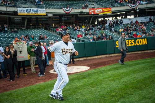 Chris Detrick  |  The Salt Lake Tribune

Salt Lake Bees manager Keith Johnson is introduced during the game at Smith's Ballpark Friday April 4, 2014.