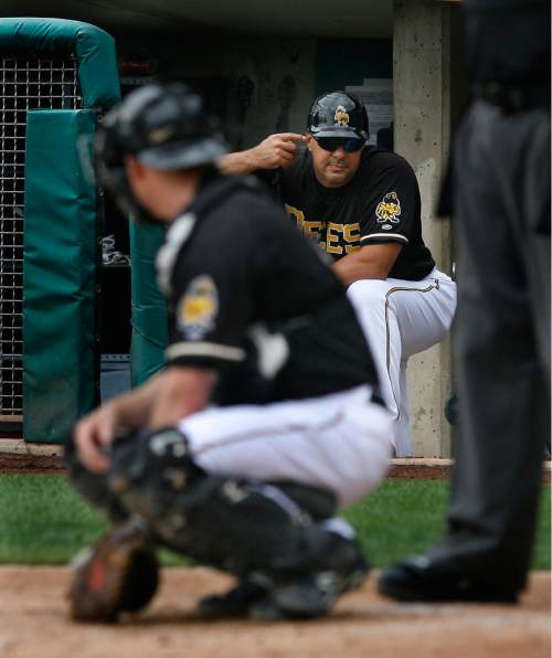 Scott Sommerdorf   |  The Salt Lake Tribune

Bees manager Keith Johnson sends in signs to catcher Luke Carlin during their 10-7 loss to the Reno Aces, Sunday, September 1, 2013.