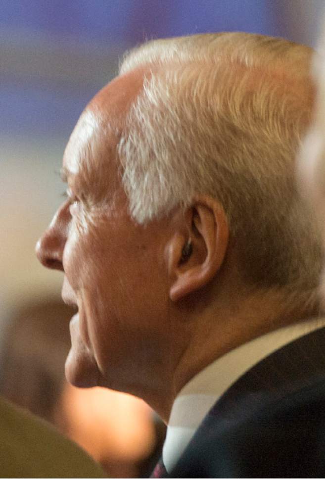 Rick Egan  |  The Salt Lake Tribune

Orrin Hatch listens as Buzz Aldrin, speaks in the Grand Ballroom on opening day of Salt Lake Comic Con FanX Experience, at the Salt Palace. Thursday, March 24, 2016.