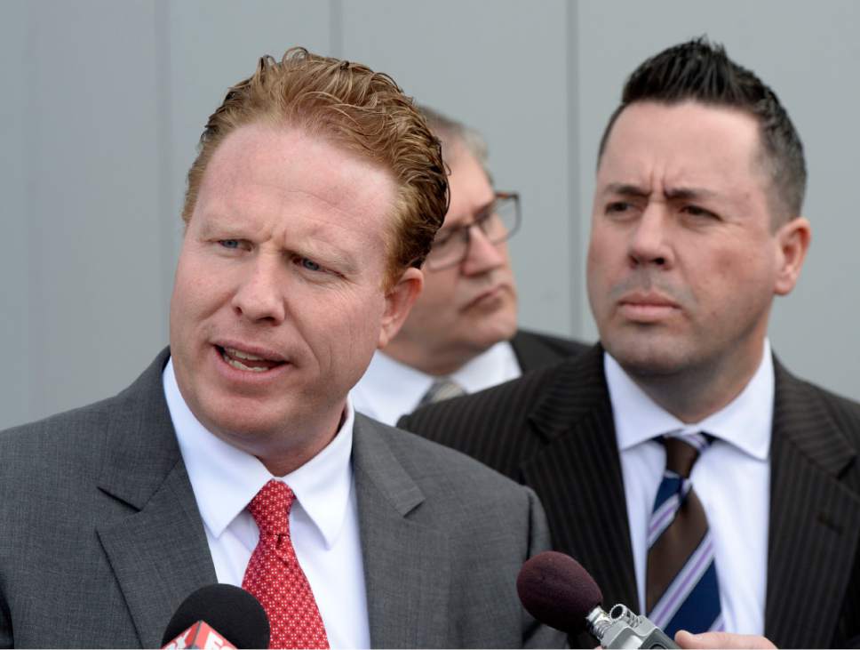 Al Hartmann  |  The Salt Lake Tribune 
Jeremy Johnson comments to media as he leaves Federal Court in Salt Lake City March 25 Friday after being found guilty of making false statements to a bank.