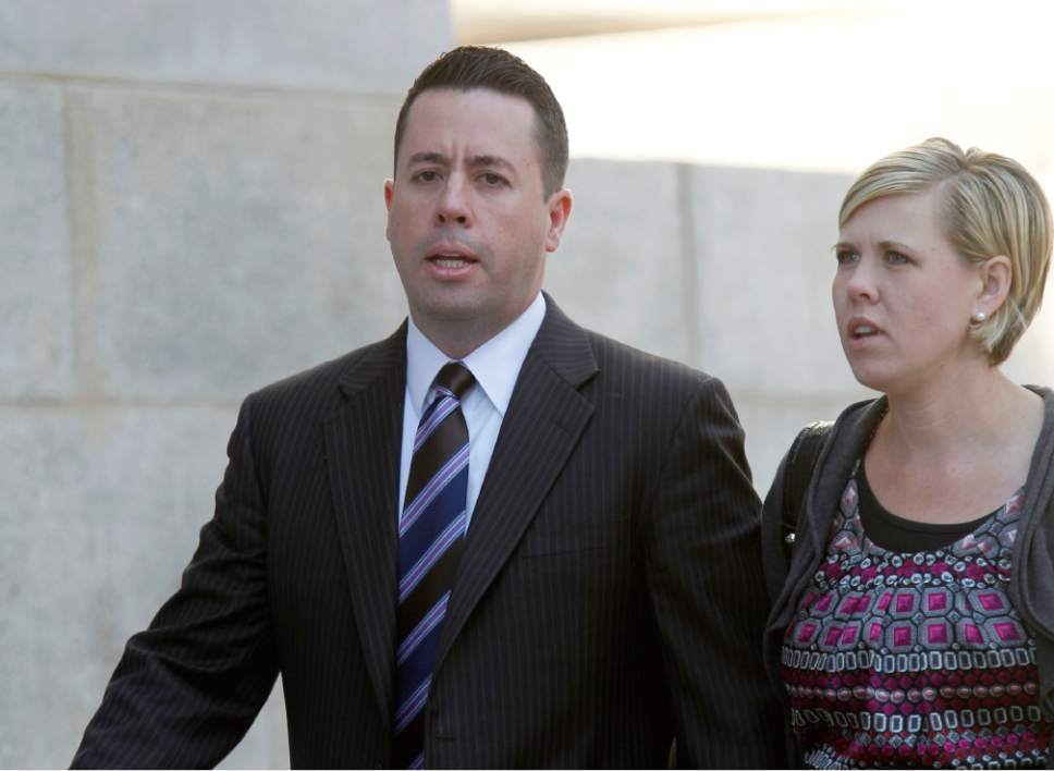 Al Hartmann  |  The Salt Lake Tribune
Ryan Riddle walks to Federal Court in Salt Lake City Wendesday April 10  for his initial appearance on an indictment on conspiracy, fraud and money laundering in connection to  I Works company.