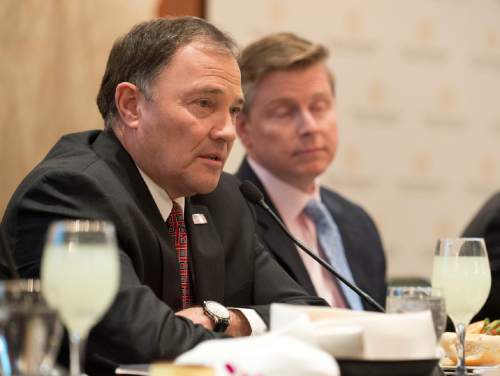 Lennie Mahler  |  The Salt Lake Tribune

Incumbent gubernatorial candidate Gary Herbert answers questions from the audience at a Utah Foundation luncheon Thursday, March 24, 2016, at the Marriott hotel in downtown Salt Lake City.