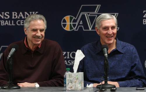 Leah Hogsten  |  The Salt Lake Tribune
Phil Johnson, left, and Jerry Sloan react Thursday as the Utah Jazz announce that both are resigning. Sloan's resignation brings to a stunning end a long career in Utah that included most of his 1,221 career coaching victories and induction into the basketball Hall of Fame.



Jerry Sloan resigned as coach of the Jazz on Thursday, February 10, 2011, in Salt Lake City, bringing to a stunning end a long career in Utah that included most of his 1,221 career coaching victories and induction into the basketball hall of fame.Longtime assistant coach Phil Johnson also resigned.  Former assistant coach Tyrone Corbin is now the head coach. The announcement was given at  a press conference at 3 p.m. at the team's practice facility.