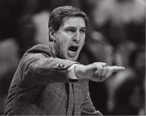 Steve Griffin  |  Tribune file photo

Jerry Sloan yells support form the bench in his first quarter as head coach of the Utah Jazz in 1988.