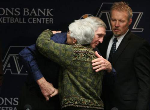 Leah Hogsten  |  Tribune file photo

Former Utah Jazz Jerry Sloan hugs Jazz owner Gail Miller after announcing his resignation as head coach in 2011.