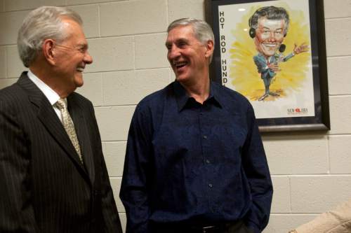 Photo by Chris Detrick  |  The Salt Lake Tribune
Rod Hundley talks with Jerry Sloan inside of the newly dedicated "Hot Rod Hundley Media Center" at the EnergySolutions Arena Friday, January 29, 2010. Hundley worked for 35 years as the broadcast voice for the Utah Jazz.