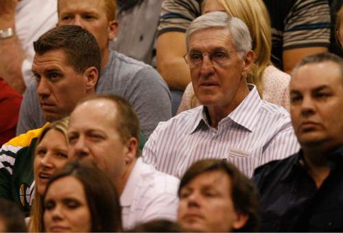 Rick Egan  | The Salt Lake Tribune 

Jerry Sloan watches the  Jazz play the Orlando Magic, in Salt Lake City,  Saturday, April 21, 2012