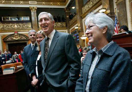 Scott Sommerdorf  |  The Salt Lake Tribune
Former Utah Jazz head coach Jerry Sloan and assistant coach Phil Johnson (far left) listen as they are applauded In the Utah House of Representatives, Monday, March 7, 2011. The two former coaches were accompanied by Gail Miller, wife of former Jazz owner Larry Miller (right).