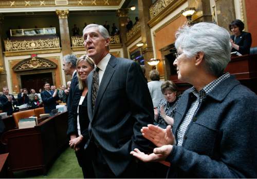 Scott Sommerdorf  |  The Salt Lake Tribune

Gail Miller (right) and the rest of the Utah House of Representatives applaud, former Jazz coaches Phil Johnson (left) and Jerry Sloan (center), as the coaches were honored Monday, March 7, 2011. Jerry Sloan's wife Tammy Sloan is at Sloan's right.