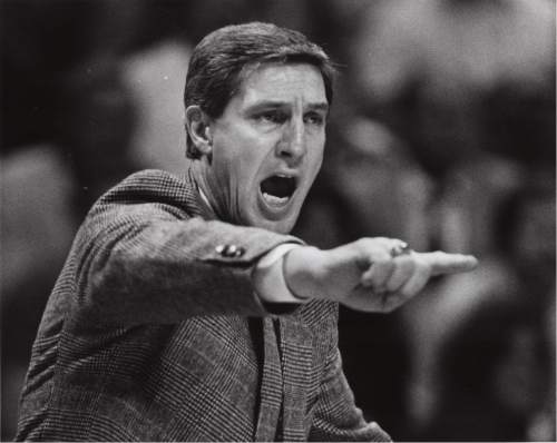 |  Tribune file photo

Jerry Sloan yells support form the bench in his first quarter as head coach of the Utah Jazz in 1988.