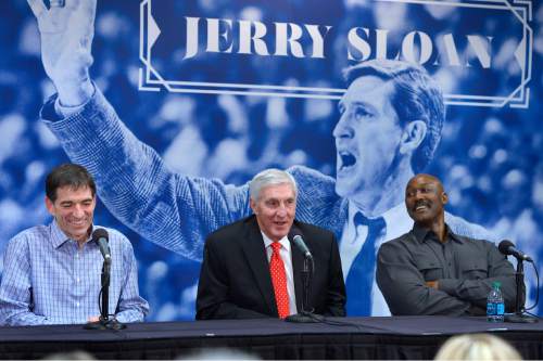 Scott Sommerdorf   |  The Salt Lake Tribune

John Stockton, left, and Karl Malone, right, laugh during a press conference to honor former Jazz coach Jerry Sloan as Sloan relates a story about their time together with the Jazz on Friday, Jan. 31, 2014.