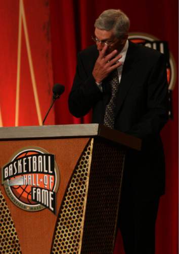 Leah Hogsten  |  The Salt Lake Tribune

Utah Jazz head coach Jerry Sloan delivers his induction speech. Utah Jazz head coach Jerry Sloan and Utah Jazz point guard John Stockton were inducted into the Naismith Basketball Hall of Fame on Friday in Springfield, Mass.