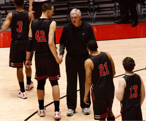 Leah Hogsten  |  The Salt Lake Tribune

Former Utah Jazz basketball head coach Jerry Sloan, who spoke to the team after practice, is thanked and greeted by University of Utah basketball team members Wednesday, March 6, 2013.