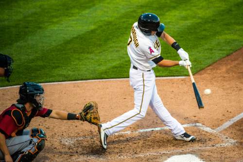 Chris Detrick  |  The Salt Lake Tribune
Salt Lake Bees second baseman Alex Yarbrough (7) hits a RBI during the game at Smith's Ballpark Thursday April 7, 2016.