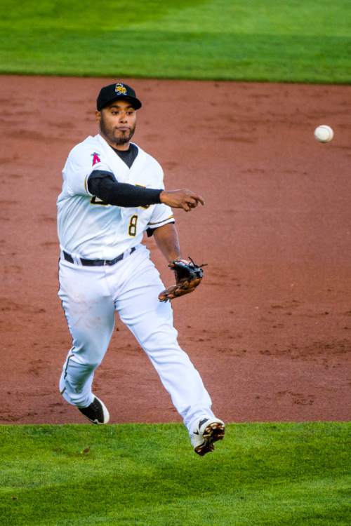 Chris Detrick  |  The Salt Lake Tribune
Salt Lake Bees second baseman Gregorio Petit (8) makes a play during the game at Smith's Ballpark Thursday April 7, 2016.