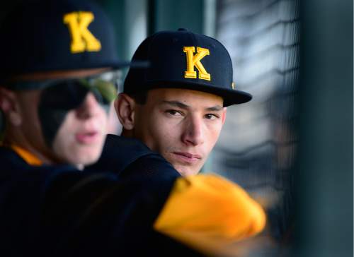 Scott Sommerdorf   |  The Salt Lake Tribune  
Kearns starting pitcher TJ Haroldsen waits in the dugout for his turn to close out the game as Kearns beat Judge 12-2 in five innings, Friday, April 8, 2016. Haroldsen completed the game for the win.