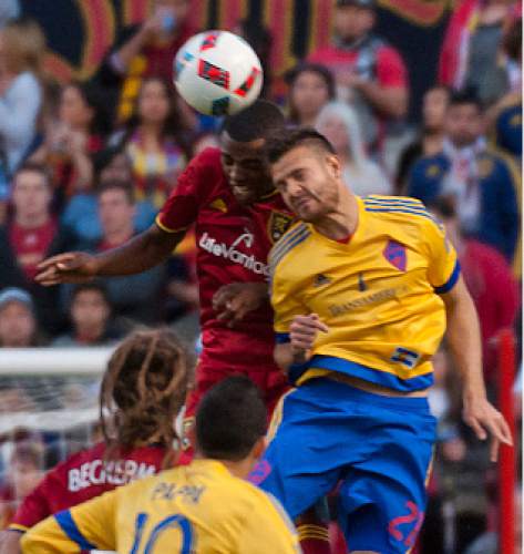 Michael Mangum  |  Special to the Tribune

Real Salt Lake defender Aaron Maund (21) and Colorado Rapids forward Luis Solignac (21) battle for a header during the first half their match at Rio Tinto Stadium in Sandy, UT on Saturday, April 9, 2016.