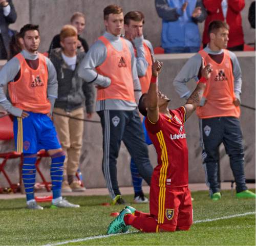 Michael Mangum  |  Special to the Tribune

Real Salt Lake forward Joao Plata (10) points to the sky in celebration of his game-winning goal as the Colorado Rapids bench looks on during the second half their match at Rio Tinto Stadium in Sandy, UT on Saturday, April 9, 2016. RSL won 1-0.