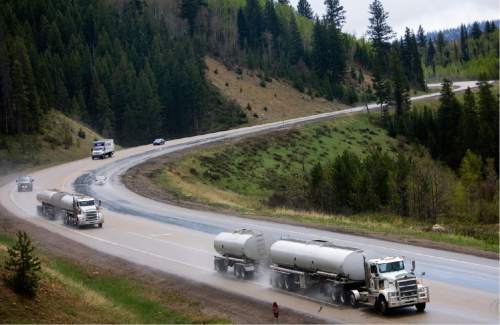 Kim Raff | The Salt Lake Tribune
Oil tankers use US-40 to travel from the oil fields in the Uintah Basin to the refineries in North Salt Lake near Daniel's Summit in Utah on May 18, 2012.  More tankers are expected to be using US-40 in coming years, increasing wear & tear and creating some safety concerns.