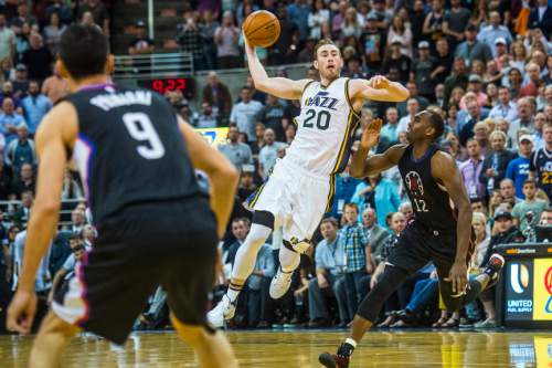 Chris Detrick  |  The Salt Lake Tribune
Utah Jazz forward Gordon Hayward (20) takes an inbound pass past Los Angeles Clippers forward Luc Richard Mbah a Moute (12) during the game at Vivint Smart Home Arena Friday April 8, 2016. Los Angeles Clippers defeated the Utah Jazz 102-99 in overtime.