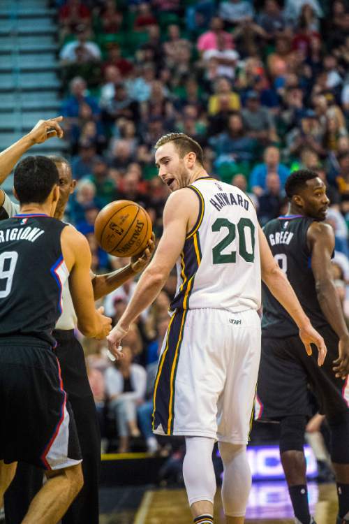 Chris Detrick  |  The Salt Lake Tribune
Utah Jazz forward Gordon Hayward (20) argues a call during the game at Vivint Smart Home Arena Friday April 8, 2016. Los Angeles Clippers defeated the Utah Jazz 102-99 in overtime.
