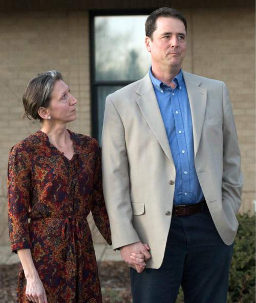 Rick Egan  |  The Salt Lake Tribune

John Dehlin and his wife Margi speak to a crowd of more than 200 people, as they arrive at the North Logan LDS Stake Center for the disciplinary council in North Logan, Sunday, February 8, 2015.