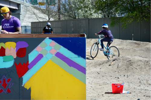 Scott Sommerdorf   |  The Salt Lake Tribune  
Students from Glendale Middle School bicycled over to the 9-Line Pump Track and checked put the bike course there,  and offered their ideas for a future public art installation at the site, Thursday, April 7, 2016.