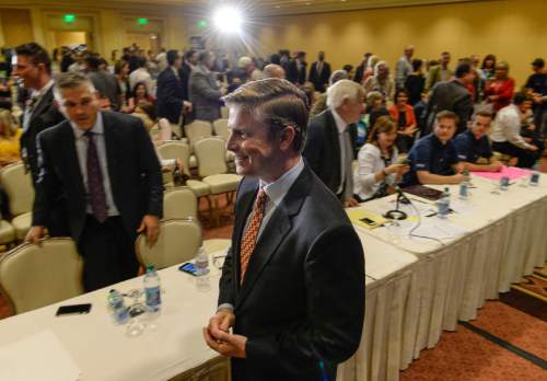 Francisco Kjolseth | The Salt Lake Tribune
Republican gubernatorial candidate Jonathan Johnson finishes debating Governor Gary Herbert at the Little America Hotel in Salt Lake City on Monday, April 11, 2016.