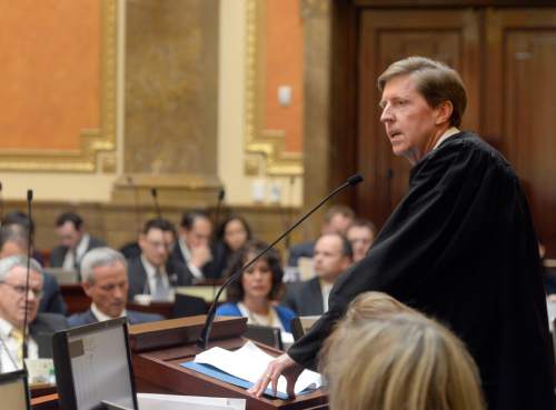 Al Hartmann  |  The Salt Lake Tribune
Matthew Durrant, chief justice of the Utah Supreme Court, gives the annual State of the Judiciary address in the Utah House of Representatives Monday Jan. 26, 2015.