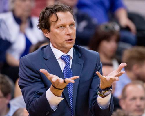 Lennie Mahler  |  The Salt Lake Tribune

Utah Jazz head coach Quin Snyder motions to players from the sideline during the home season closer against the Dallas Mavericks on Monday, April 11, 2016, at Vivint Smart Home Arena.
