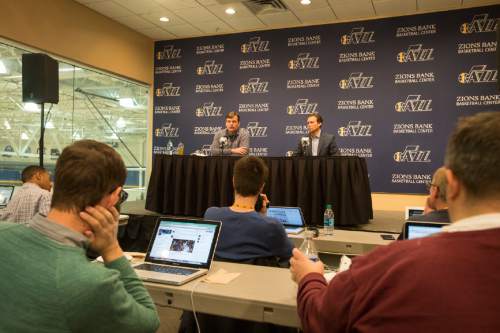 Rick Egan  |  The Salt Lake Tribune

Quin Snyder and Dennis Lindsey talk about the Jazz season and at the outlook for the future at the Jazz practice facility, Thursday, April 14, 2016.