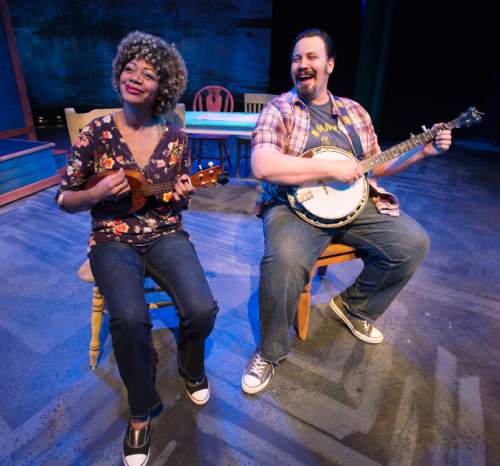 Steve Griffin  |  The Salt Lake Tribune

Latoya Cameron as Mash and Justin Ivie as Dev perform a duet in Salt Lake Acting Company's "Stupid F*cking Bird."
