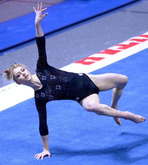 Leah Hogsten  |  The Salt Lake Tribune
Utah's Sabrina Schwab took first place in floor exercise with a score of 9.925. University of Utah No. 6 gymnasts defeated  No. 11 Oregon State during their Pac-12 meet in Salt Lake City, January 23, 2016.