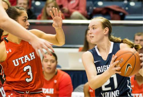 Rick Egan  |  The Salt Lake Tribune

Brigham Young Cougars guard Lexi Eaton Rydalch (21) is guarded by Utah Utes forward Malia Nawahine (3) in basketball action, BYU vs. The Univeristy of Utah,  in the Marriott Center, Saturday, December 12, 2015.