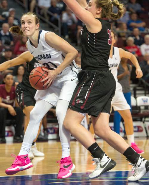 Rick Egan  |  The Salt Lake Tribune

Brigham Young Cougars guard Lexi Eaton Rydalch (21) works the ball inside, in basketball action in the West Coast Conference Semifinals, at the Orleans Arena in Las Vegas, Saturday, March 7, 2016.