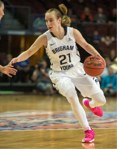Rick Egan  |  The Salt Lake Tribune

Brigham Young Cougars guard Lexi Eaton Rydalch (21) in basketball action in the West Coast Conference Semifinals, at the Orleans Arena in Las Vegas, Saturday, March 7, 2016.