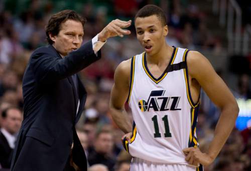 Lennie Mahler  |  The Salt Lake Tribune

Quin Snyder talks to Dante Exum in the first half as the Utah Jazz faced the Dallas Mavericks at EnergySolutions Arena on Monday, April 13, 2015.