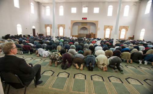 Rick Egan  |  The Salt Lake Tribune
U.S. Attorney for Utah John Huber, left, visits the Khadeeja Islamic Center during Friday prayers.