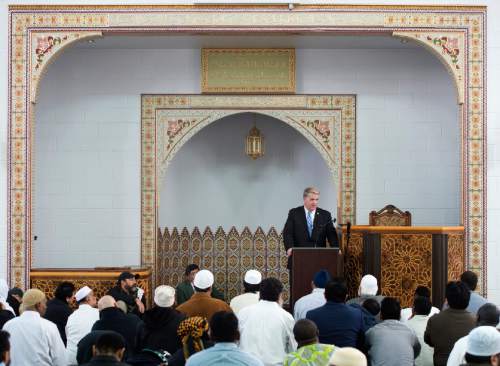Rick Egan  |  The Salt Lake Tribune
U.S. Attorney for Utah John Huber speaks in West Valley City to participants in prayers at Khadeeja Islamic Center, Utah's largest mosque on Friday, assuring them that his office is looking out for them. Last week posters in a University of Utah building had anti-Muslim messages written on them.