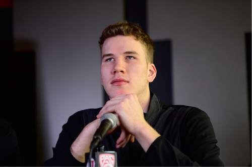 Scott Sommerdorf   |  The Salt Lake Tribune  
Jakob Poeltl announced that he's decided to enter the NBA Draft. Utah head coach Larry Krystkowiak joined him in the press conference at the Utah practice facility, Wednesday, April 13, 2016.